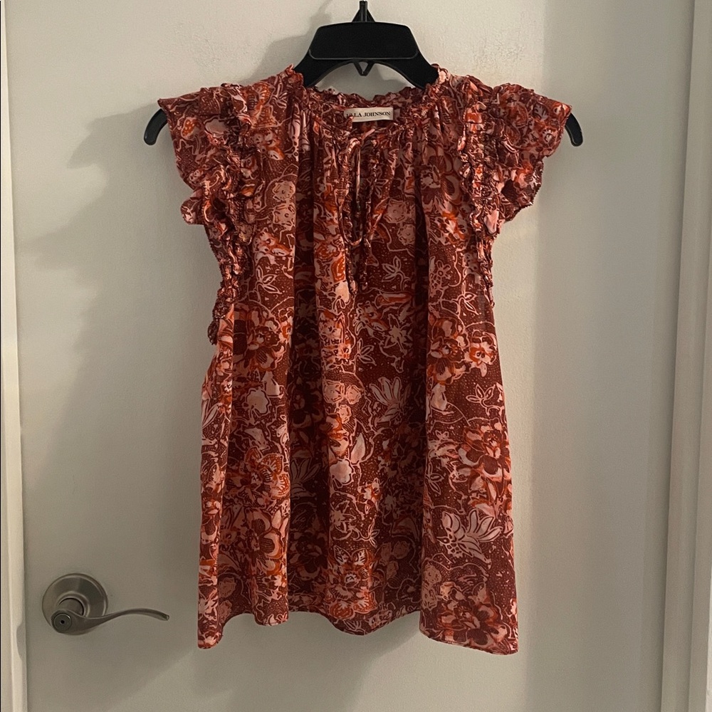 Ulla Johnson sz 4 Gabi Floral ruffle trim cap slv v-neck tie at neck top blouse